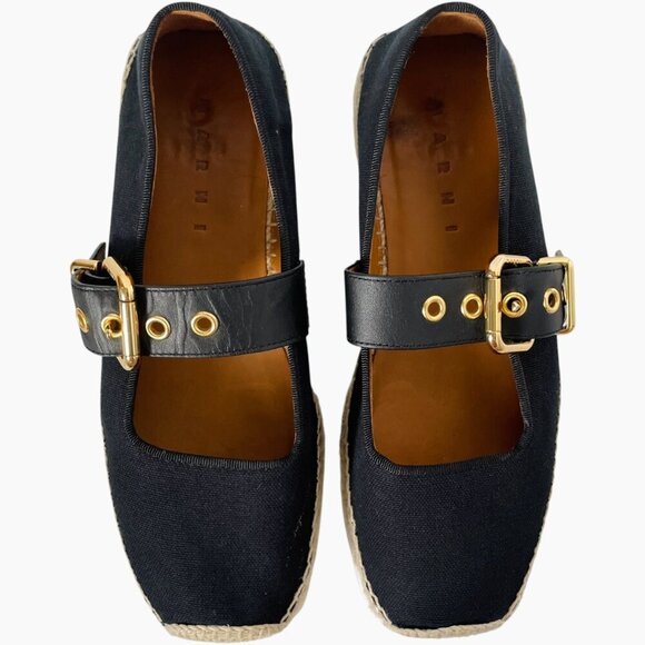 Marni Platform Mary Jane Espadrille Shoes Black Canvas Gold Buckle - Picture 3 of 12